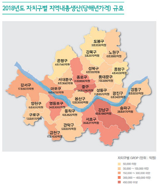 '2020 서울시 지역내총생산' 보고서에 실린 2018년도 서울 25개 자치구별 지역내총생산(당해년가격) 규모.[서울시 제공]